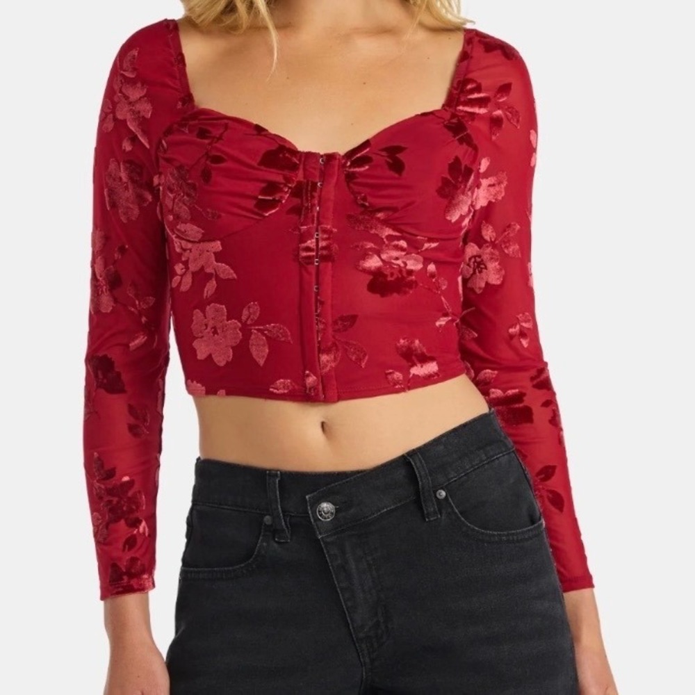 Madden NYC Red Velvet Burnout Floral Long‎ Sleeve Corset Crop Top XXL Going Out